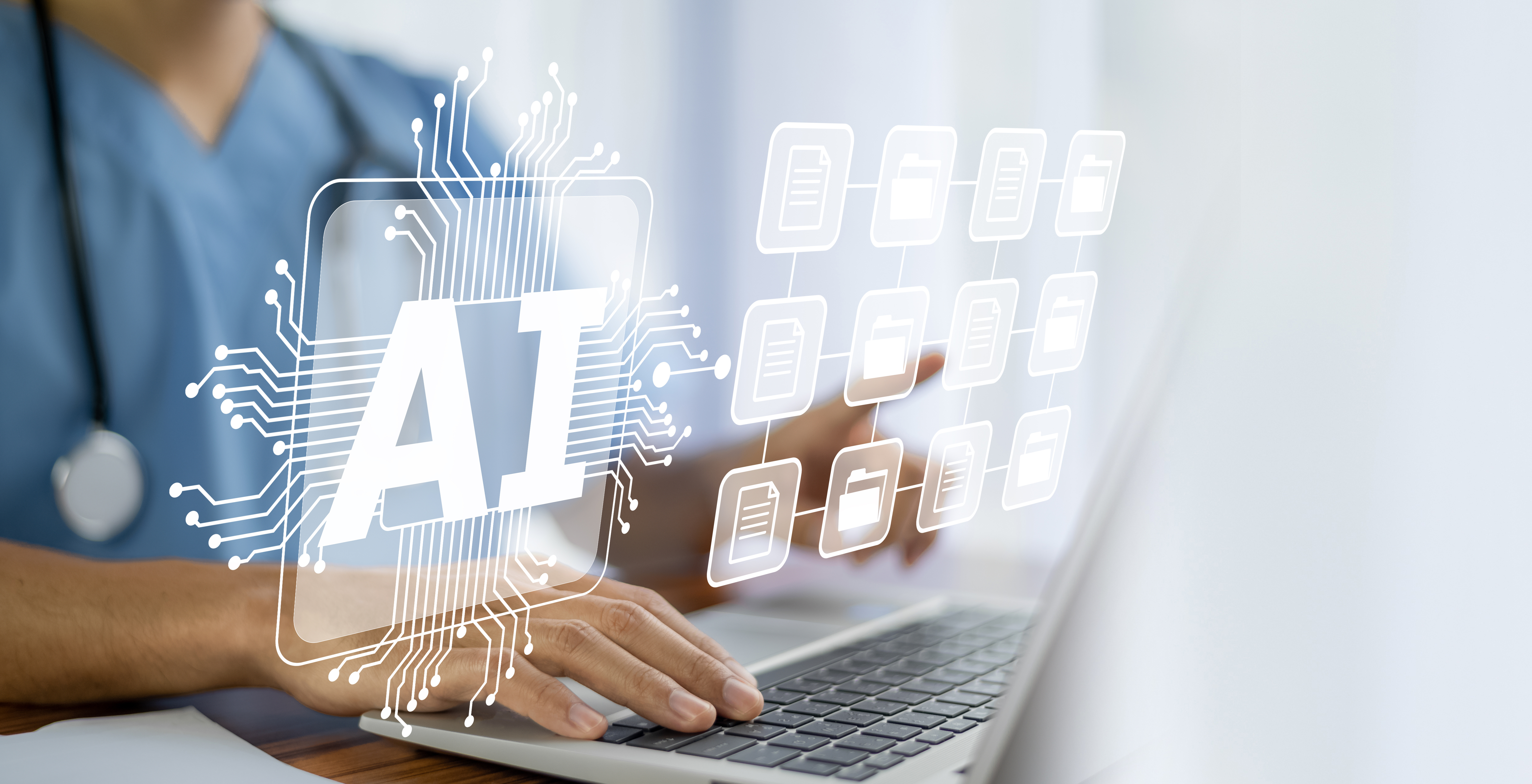 Doctor AI, artificial intelligence in modern medical technology and IOT automation. Doctor using AI document management concept.